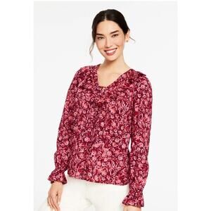 Talbots Cotton Ruffle Tie-Neck Floral Print Long Sleeve Red Pink Blouse Size 2X